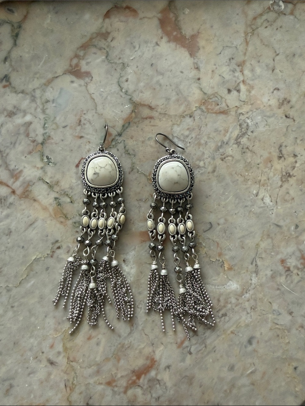 LUCKY BRAND Boho Silver-Tone White Stone Tassel Dangle Earrings